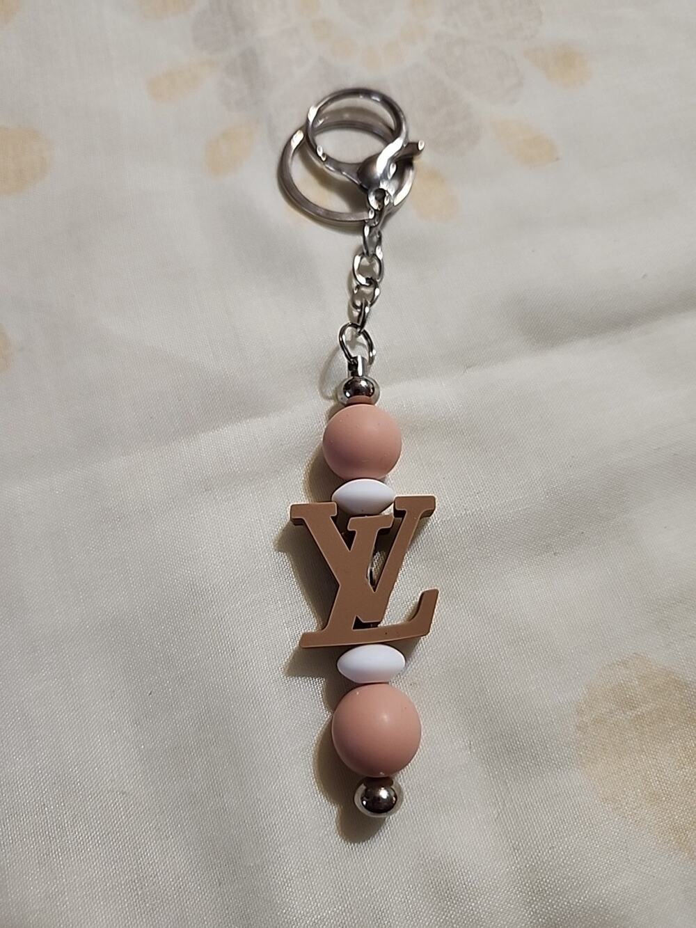 Silicone Bead Keychain LOVE Brown & Pink Handmade